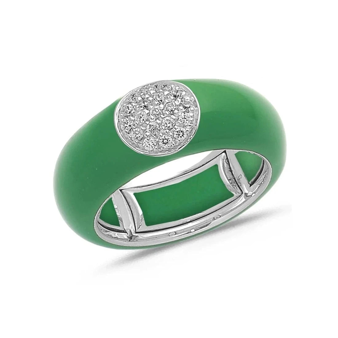 White / Green / Small (4.5-6) 18K Gold Enamel Circle Pave Diamond Stretch Ring, 8.26 mm
