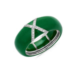 White / Green / Small (4.5-6) 18K Gold Enamel X Pave Diamond Stretch Ring, 8.26 mm
