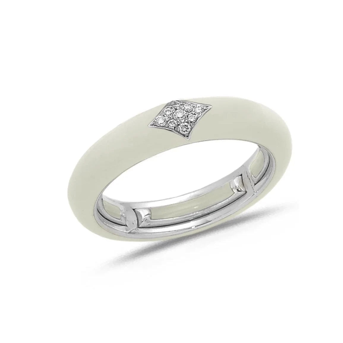 White / Ivory / Small (4.5-6) 18K Gold Enamel and Diamond Shape Pave Diamond Stretch Ring, 4.4 mm