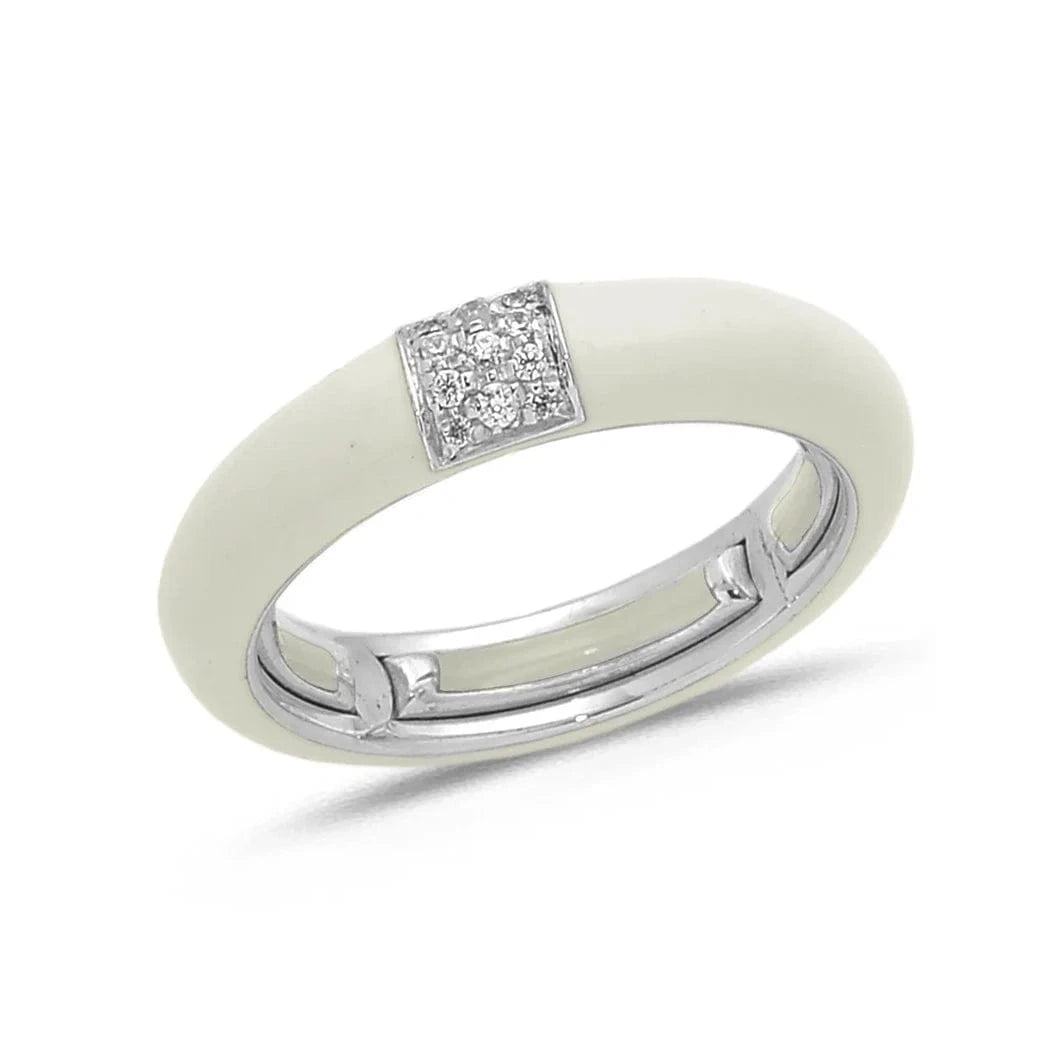White / Ivory / Small (4.5-6) 18K Gold Enamel and Square Pave Diamond Stretch Ring, 4.4 mm