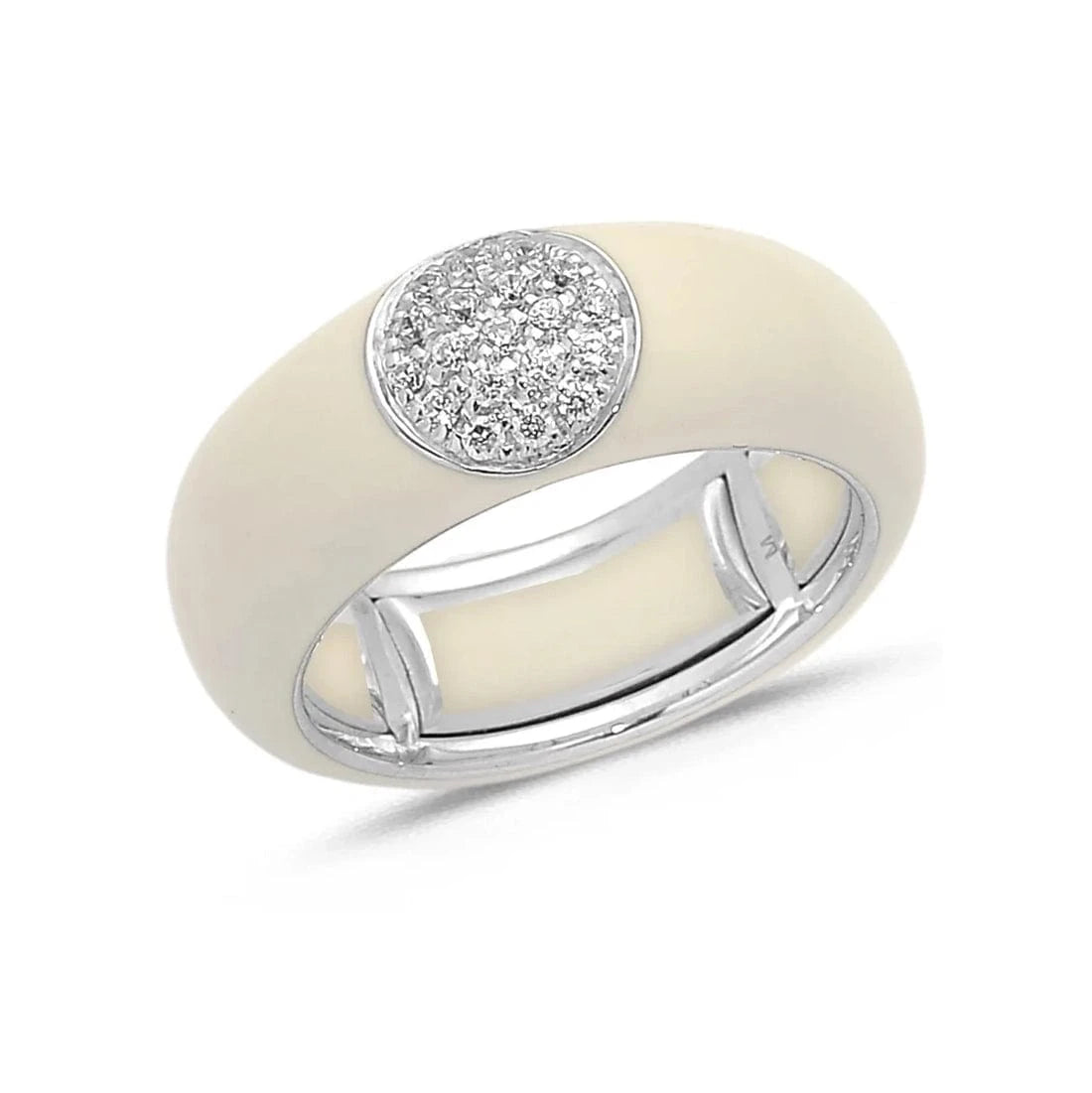 White / Ivory / Small (4.5-6) 18K Gold Enamel Circle Pave Diamond Stretch Ring, 8.26 mm