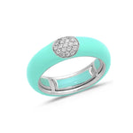 White / Light Blue / Small (4.5-6) 18K Gold Enamel and Round Pave Diamond Stretch Ring, 6.10 mm