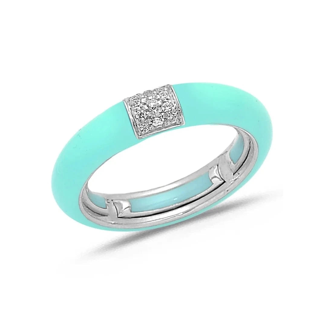 White / Light Blue / Small (4.5-6) 18K Gold Enamel and Square Pave Diamond Stretch Ring, 4.4 mm