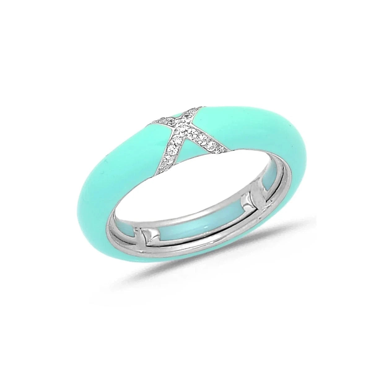 White / Light Blue / Small (4.5-6) 18K Gold Enamel and X Diamond Stretch Ring, 4.4 mm