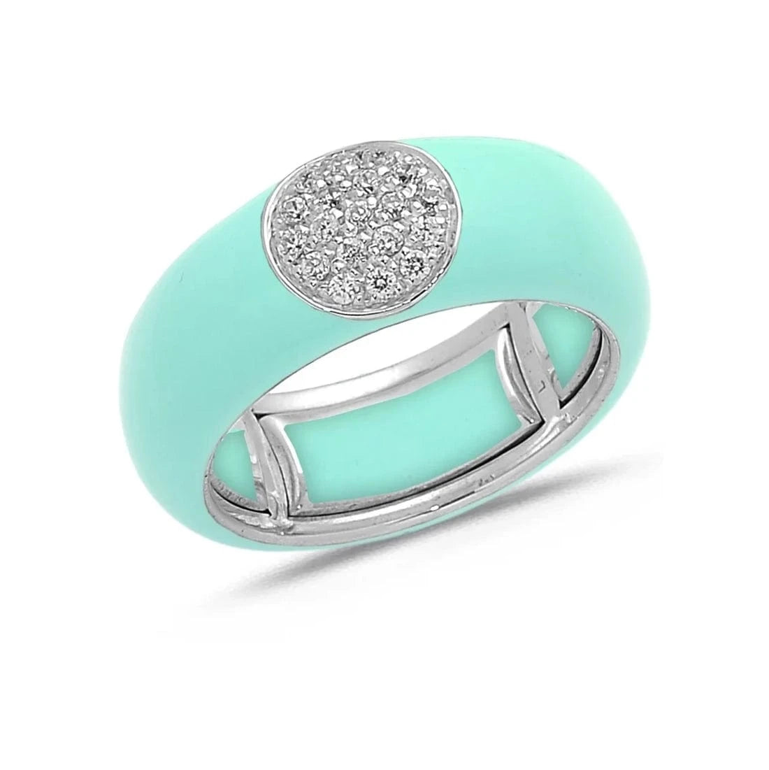 White / Light Blue / Small (4.5-6) 18K Gold Enamel Circle Pave Diamond Stretch Ring, 8.26 mm