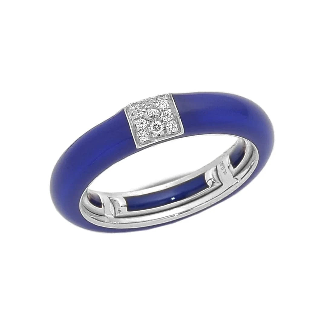 White / Navy BLue / Small (4.5-6) 18K Gold Enamel and Square Pave Diamond Stretch Ring, 4.4 mm