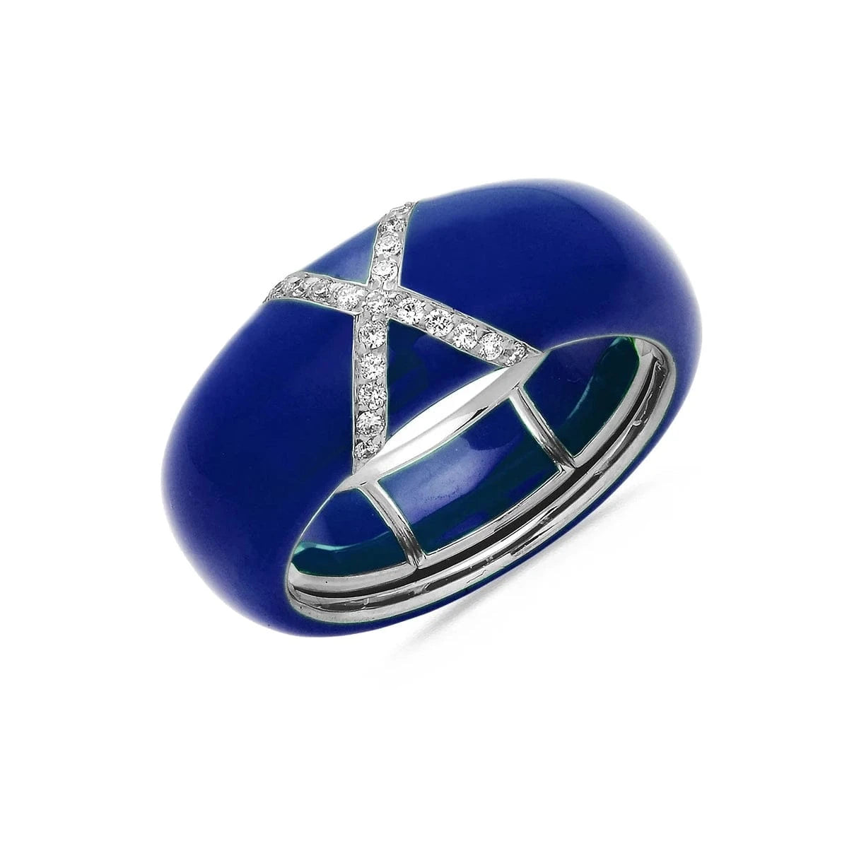 White / Navy BLue / Small (4.5-6) 18K Gold Enamel X Pave Diamond Stretch Ring, 8.26 mm