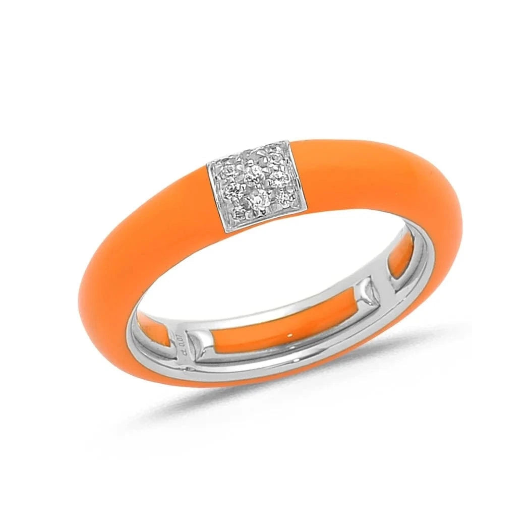 White / Orange / Small (4.5-6) 18K Gold Enamel and Square Pave Diamond Stretch Ring, 4.4 mm