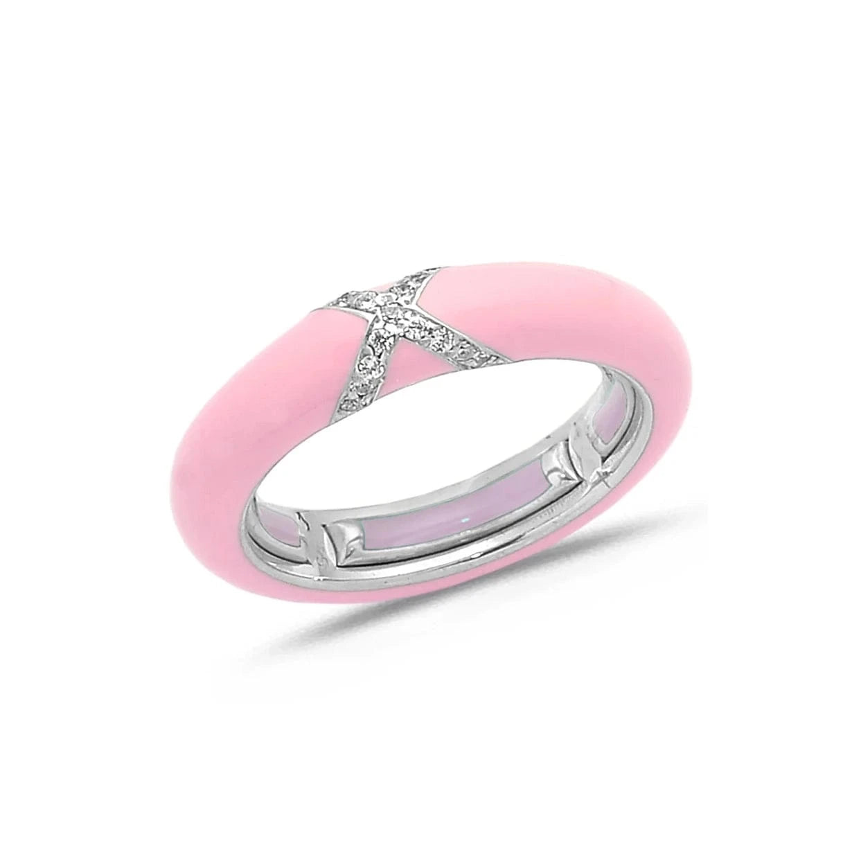 White / Pink / Small (4.5-6) 18K Gold Enamel and X Diamond Stretch Ring, 4.4 mm