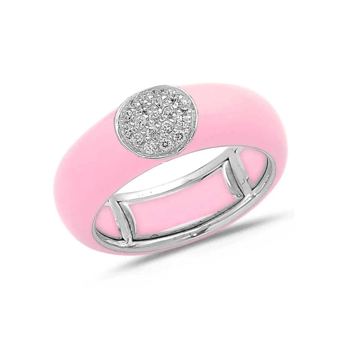 White / Pink / Small (4.5-6) 18K Gold Enamel Circle Pave Diamond Stretch Ring, 8.26 mm