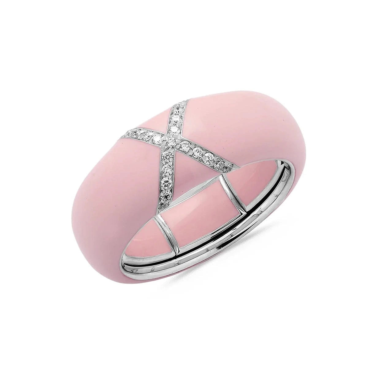 White / Pink / Small (4.5-6) 18K Gold Enamel X Pave Diamond Stretch Ring, 8.26 mm