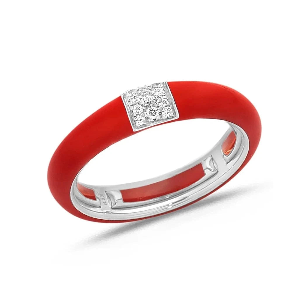 White / Red / Small (4.5-6) 18K Gold Enamel and Square Pave Diamond Stretch Ring, 4.4 mm