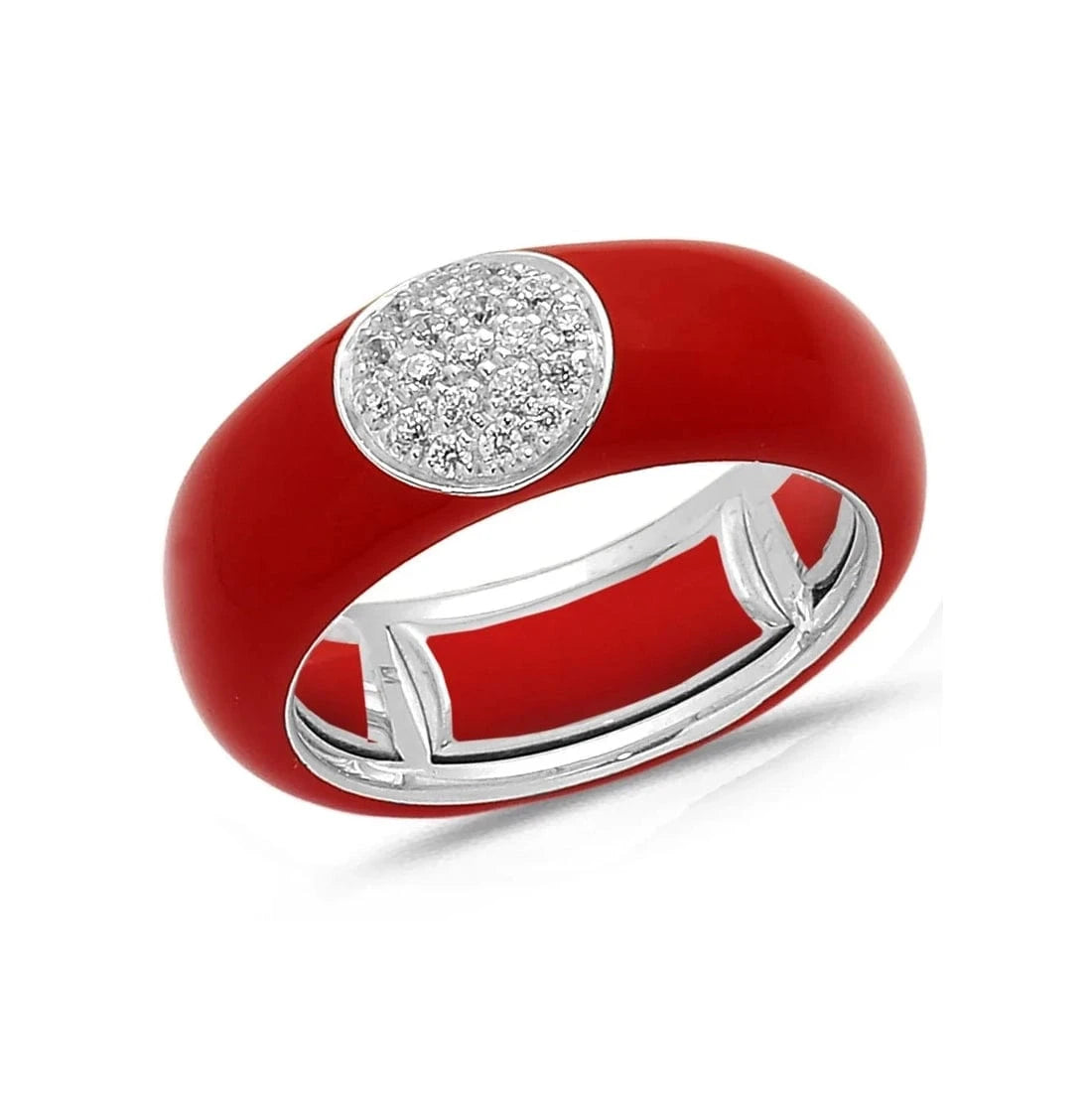 White / Red / Small (4.5-6) 18K Gold Enamel Circle Pave Diamond Stretch Ring, 8.26 mm