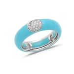 White / Turquoise / Small (4.5-6) 18K Gold Enamel and Round Pave Diamond Stretch Ring, 6.10 mm