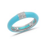 White / Turquoise / Small (4.5-6) 18K Gold Enamel and Square Pave Diamond Stretch Ring, 4.4 mm