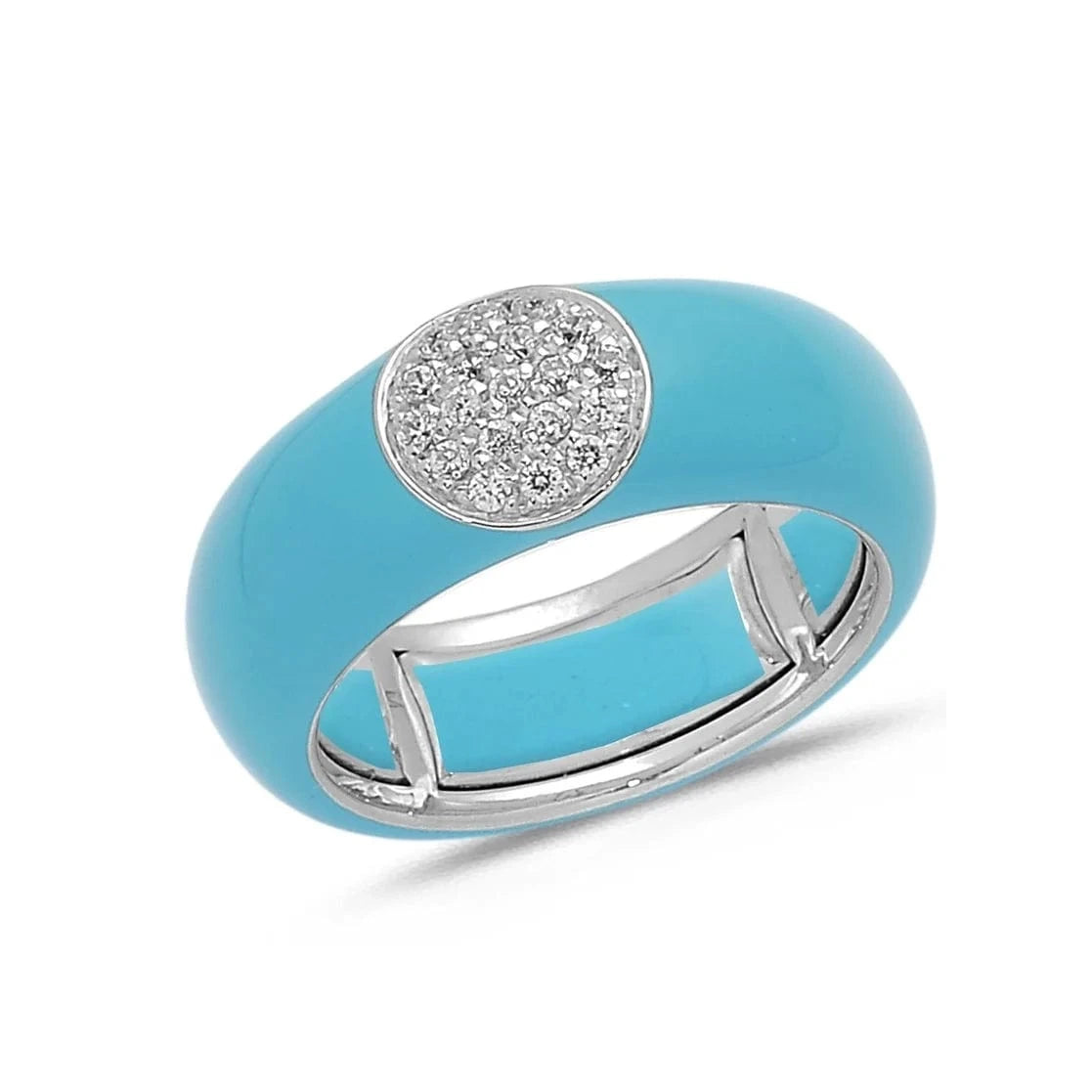 White / Turquoise / Small (4.5-6) 18K Gold Enamel Circle Pave Diamond Stretch Ring, 8.26 mm