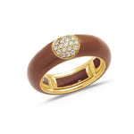 Yellow / Brown / Small (4.5-6) 18K Gold Enamel and Round Pave Diamond Stretch Ring, 6.10 mm