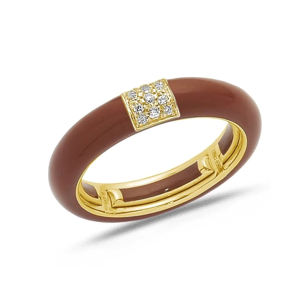 Yellow / Brown / Small (4.5-6) 18K Gold Enamel and Square Pave Diamond Stretch Ring, 4.4 mm