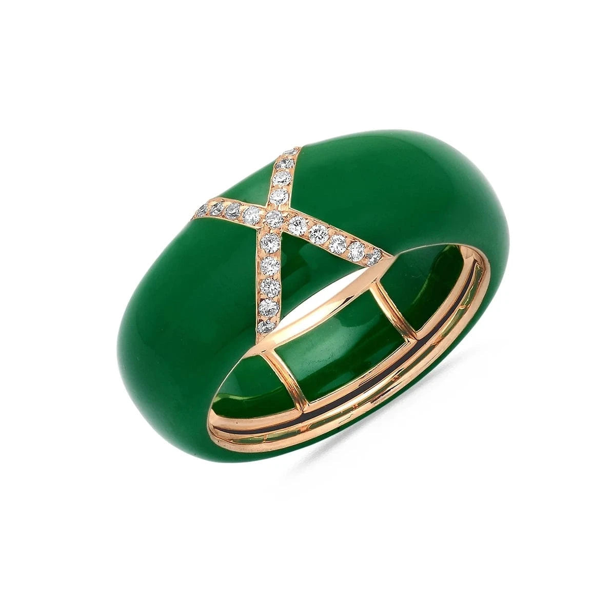 Yellow / Green / Small (4.5-6) 18K Gold Enamel X Pave Diamond Stretch Ring, 8.26 mm