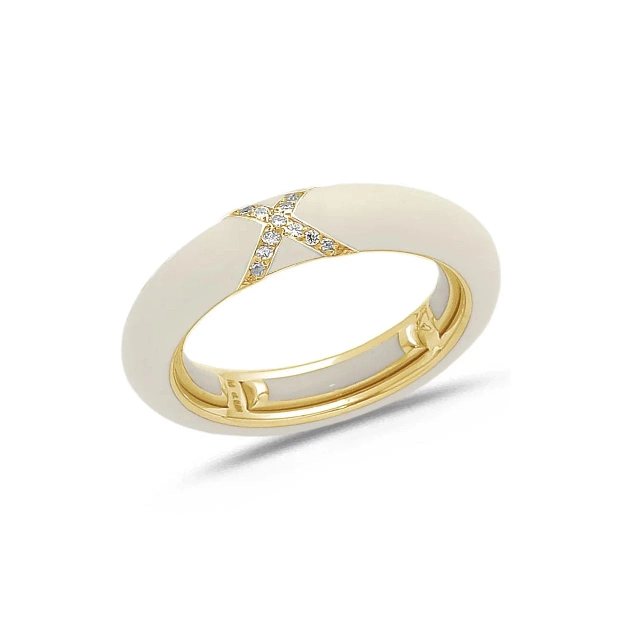 Yellow / Ivory / Small (4.5-6) 18K Gold Enamel and X Diamond Stretch Ring, 4.4 mm