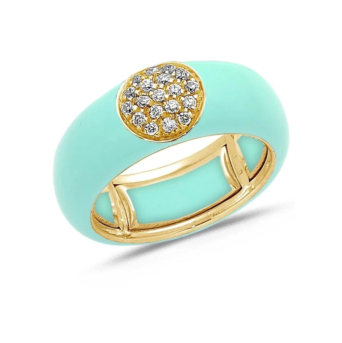 Yellow / Light Blue / Small (4.5-6) 18K Gold Enamel Circle Pave Diamond Stretch Ring, 8.26 mm