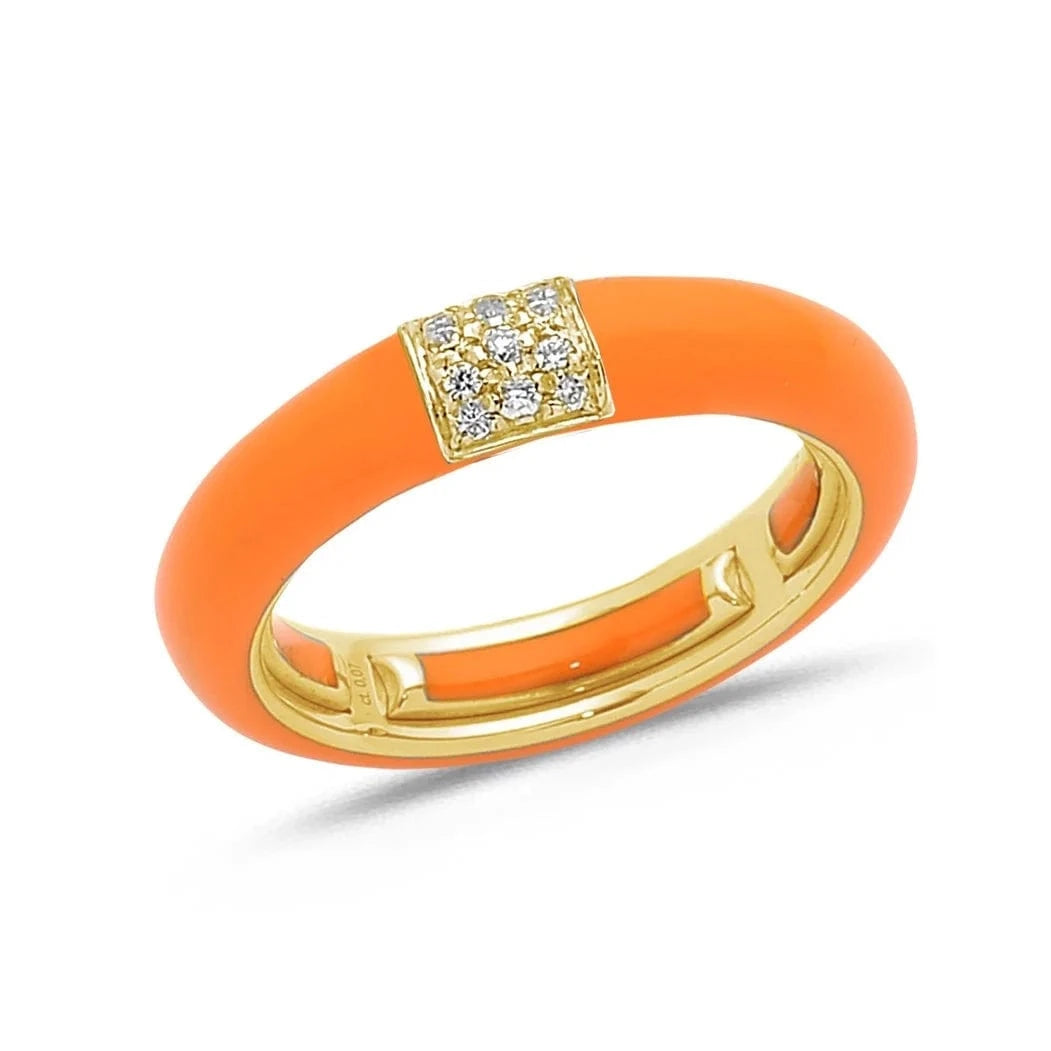 Yellow / Orange / Small (4.5-6) 18K Gold Enamel and Square Pave Diamond Stretch Ring, 4.4 mm