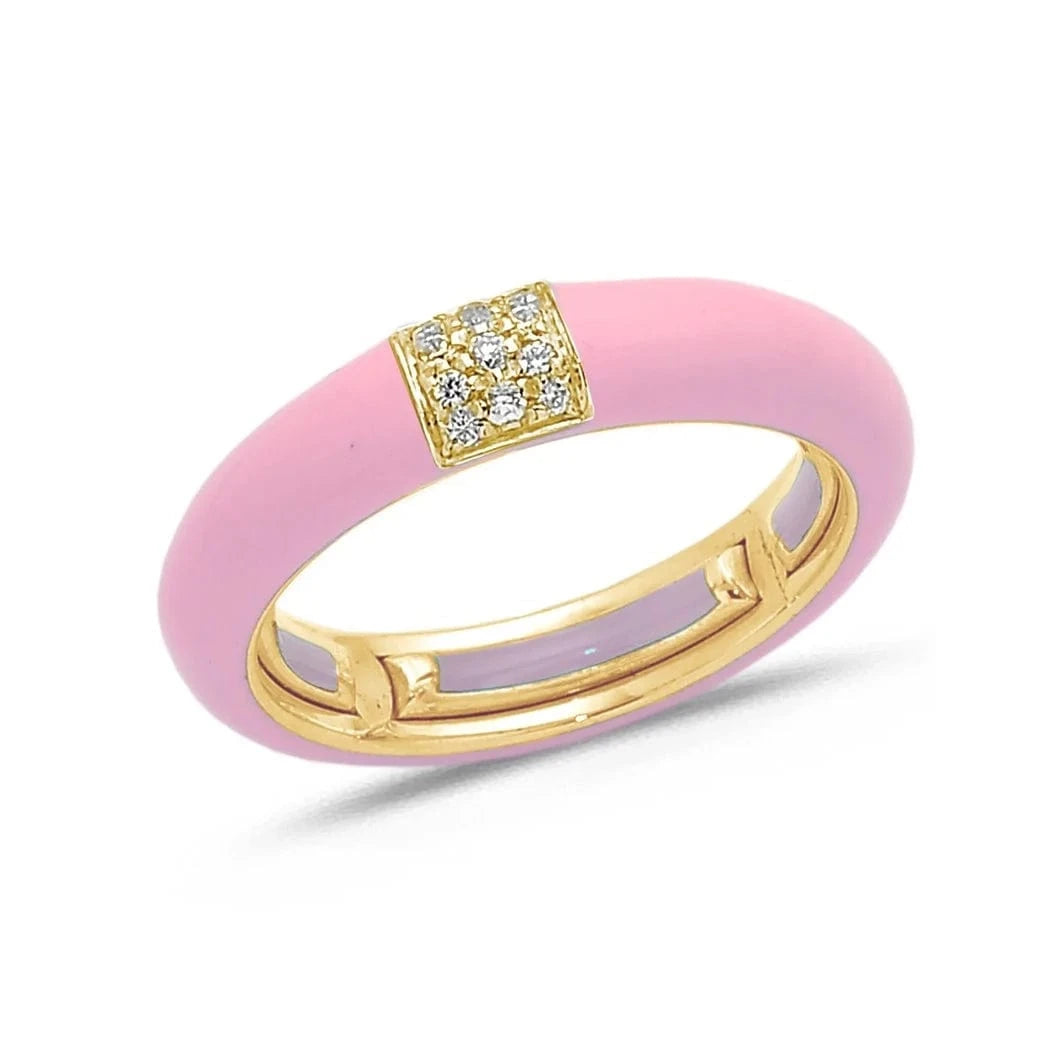 Yellow / Pink / Small (4.5-6) 18K Gold Enamel and Square Pave Diamond Stretch Ring, 4.4 mm