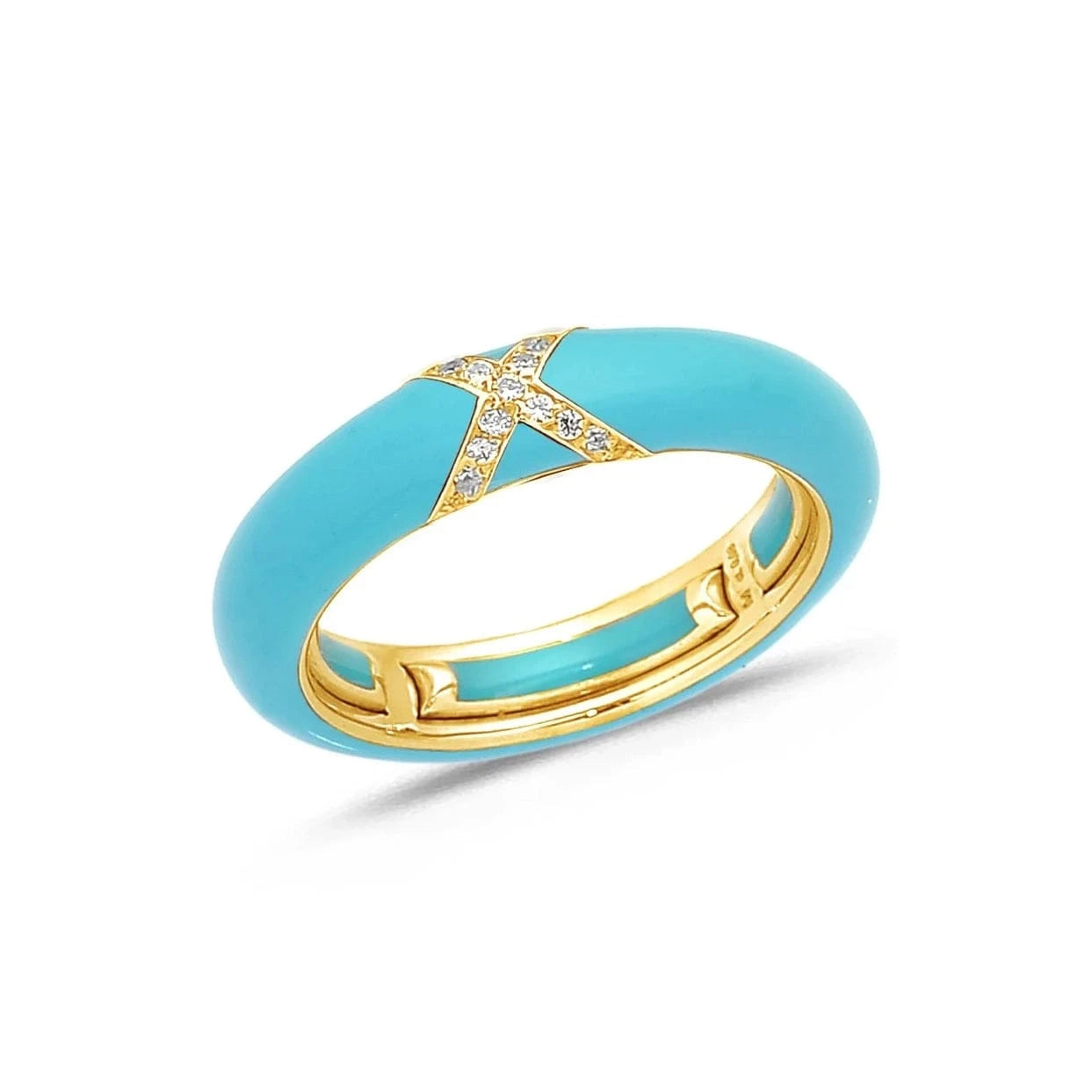 Yellow / Turquoise / Small (4.5-6) 18K Gold Enamel and X Diamond Stretch Ring, 4.4 mm