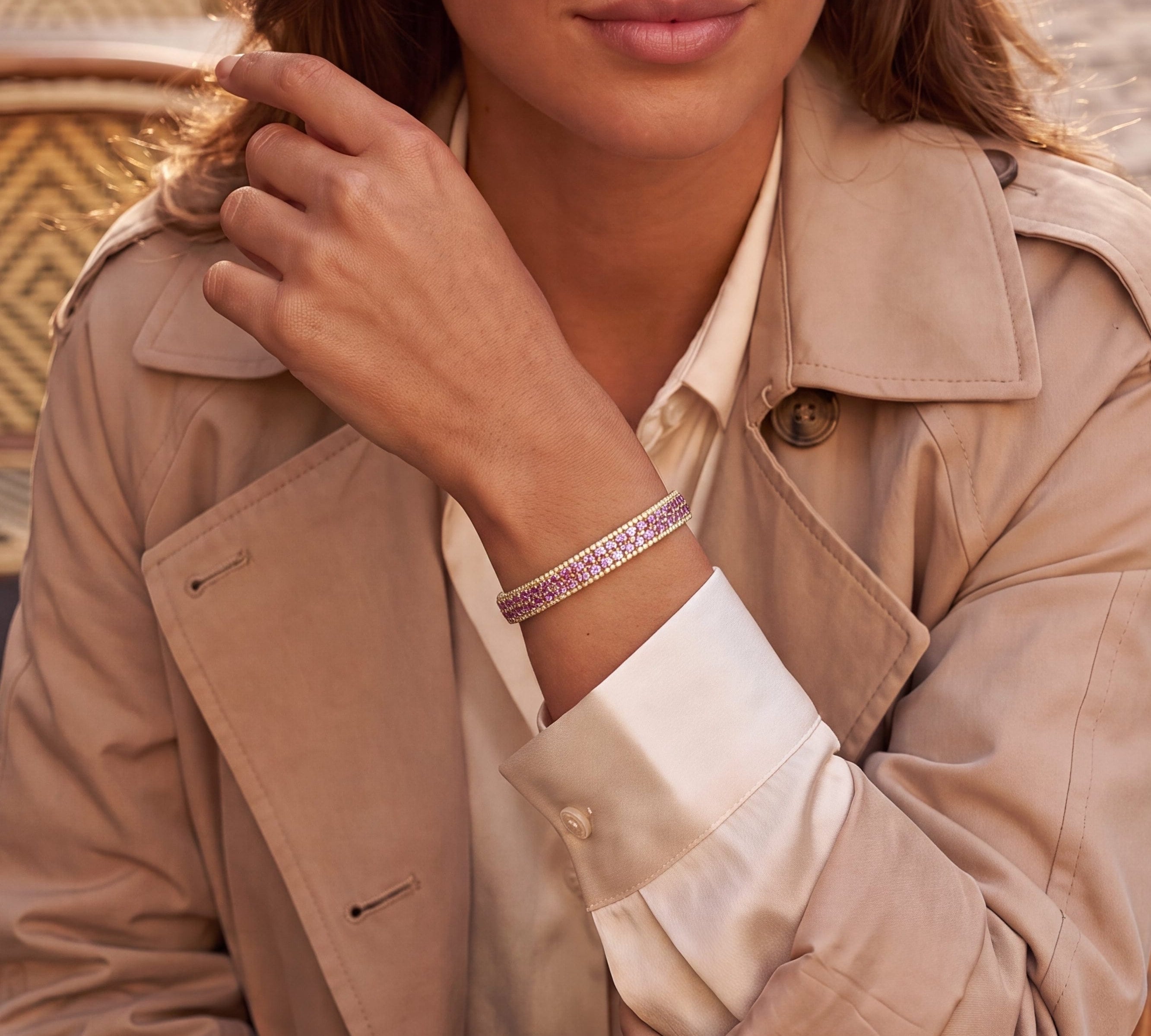 Bracelets 14K and 18K Gold Stretch Double Pink Sapphire And Diamond Tennis Bracelet