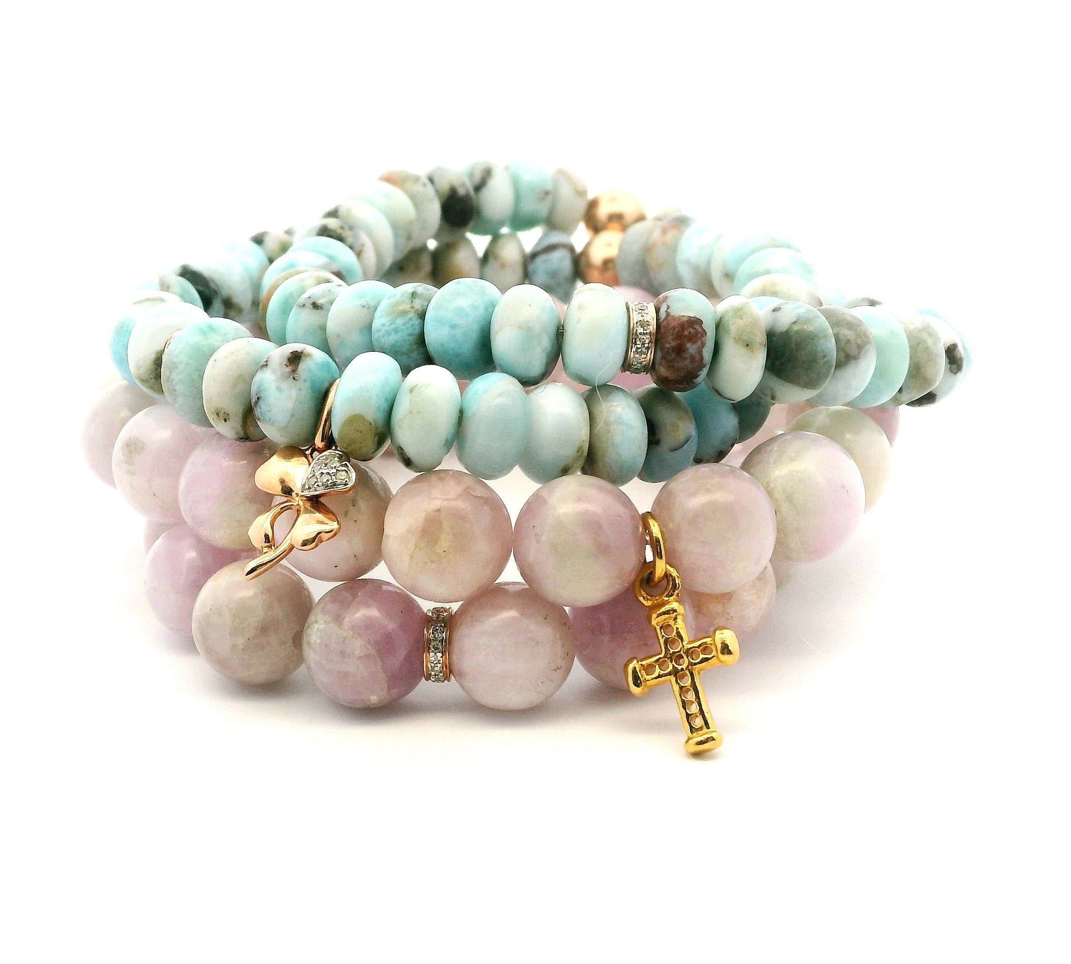 Bracelets 14K Gold Beach Blue Beads And Clover Diamond Charm