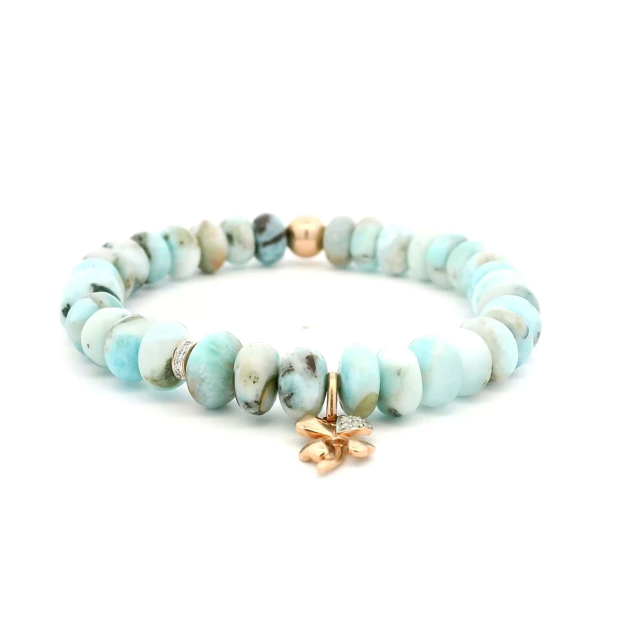 Bracelets 14K Gold Beach Blue Beads And Clover Diamond Charm