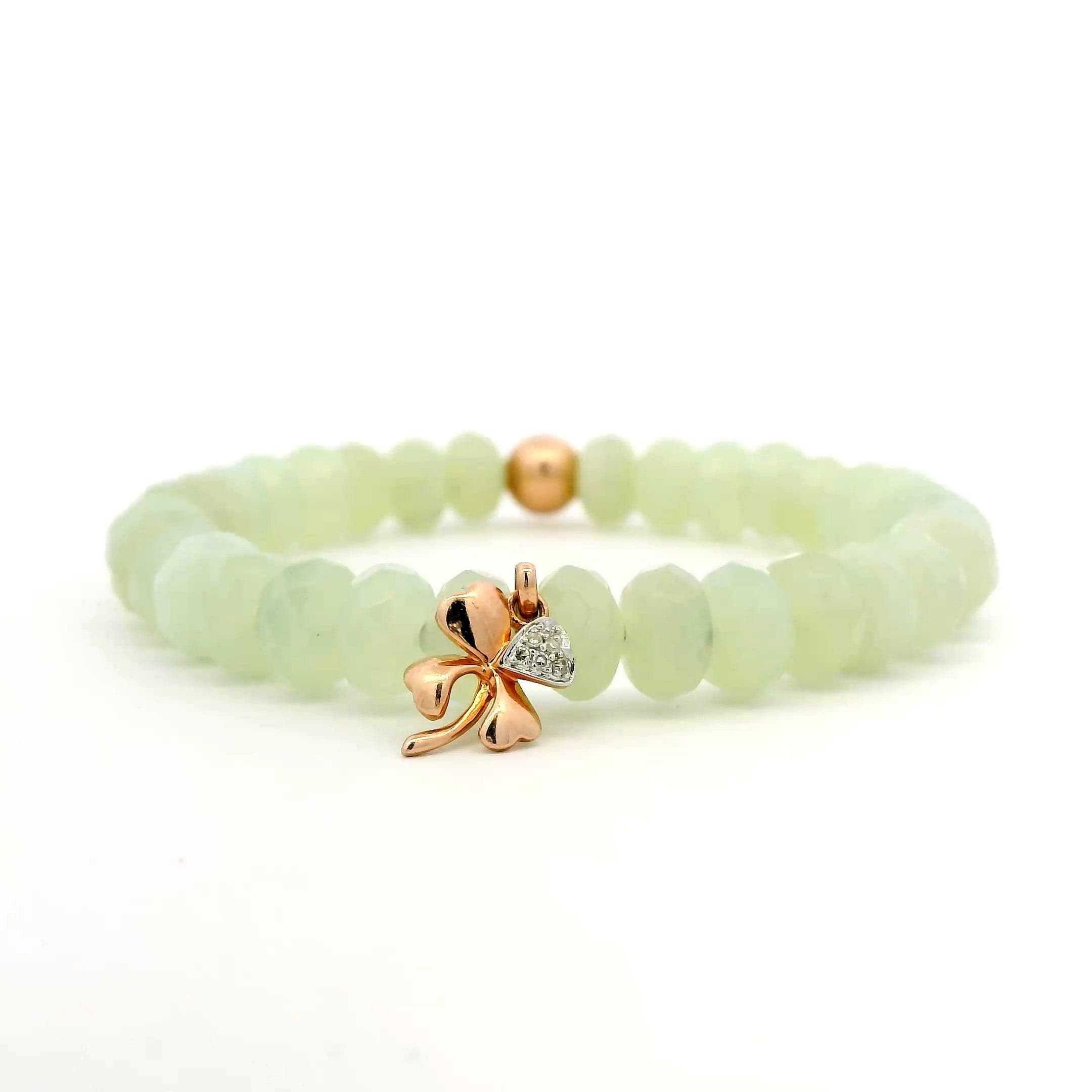 Bracelets 14K Gold Beach Prehnite Beads And Clover Diamond And DIamond Roundel Charm