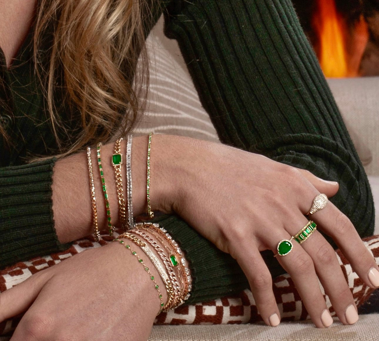Bracelets 14K Gold Emerald and Diamond Paper Clip Chain Bracelet