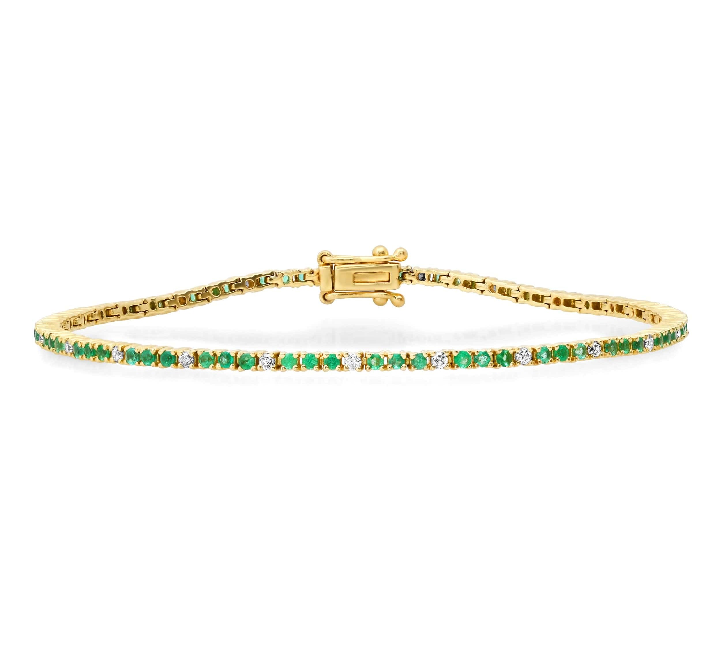 Bracelets 14K Gold Emerald and Diamond Tennis Bracelet 4-Prong Setting