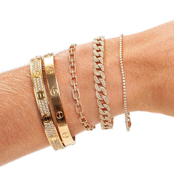 Bracelets 14K Gold Flat Open Round Link Micro-Pave Diamonds