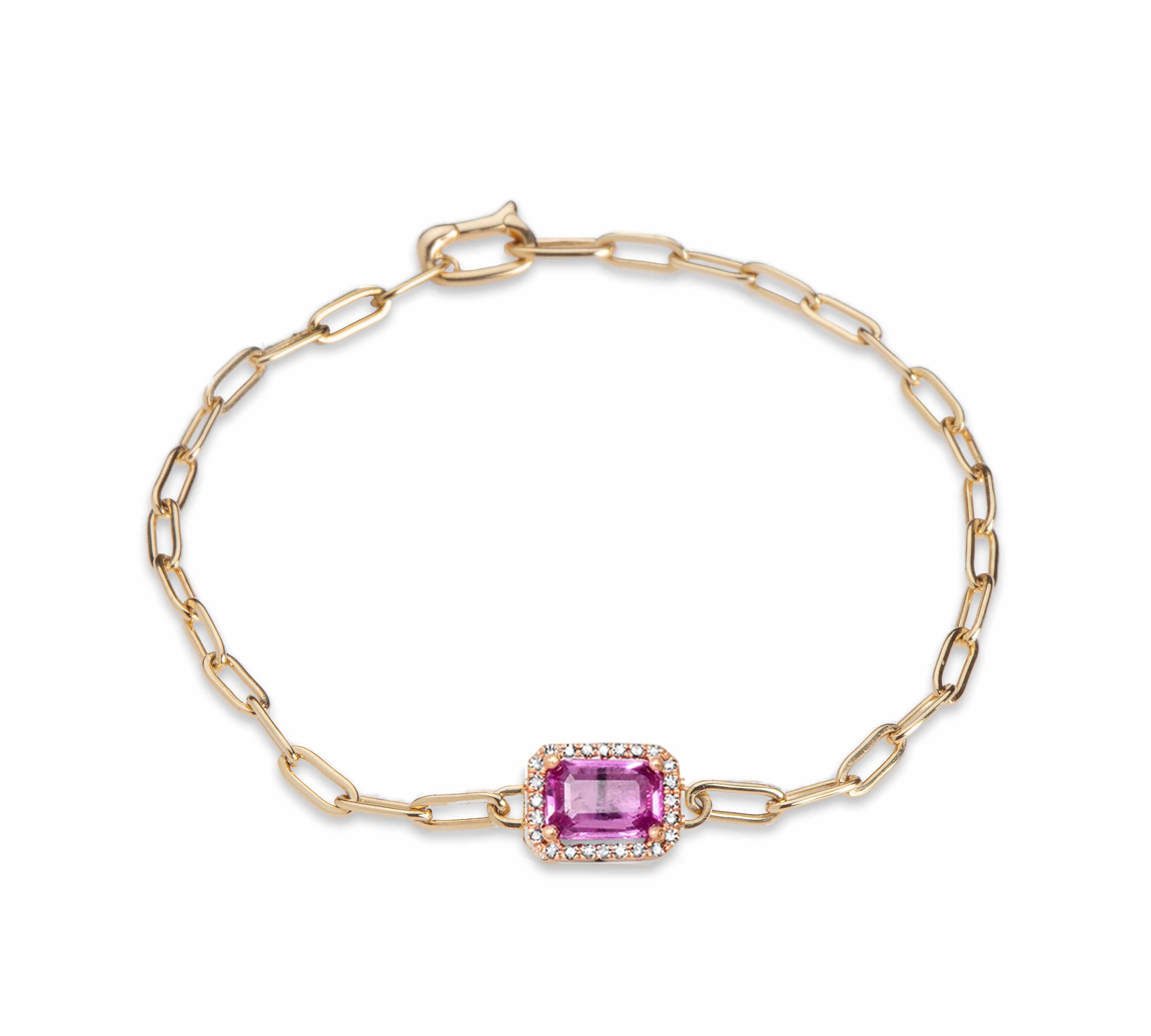 Bracelets 14K Gold Pink Sapphire and Diamond Paper Clip Chain Bracelet