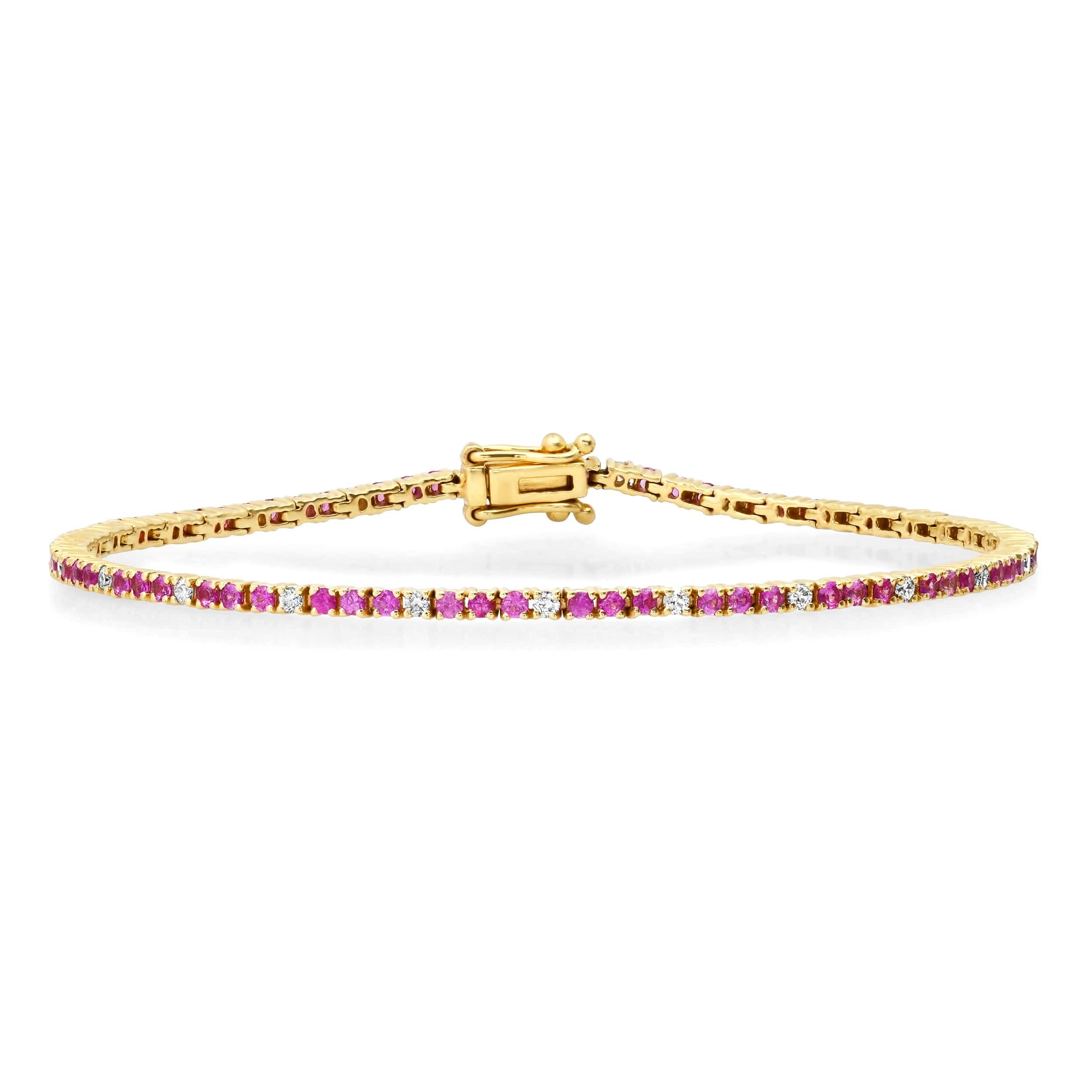 Bracelets 14K Gold Pink Sapphire and Diamond Tennis Bracelet 4-Prong Setting