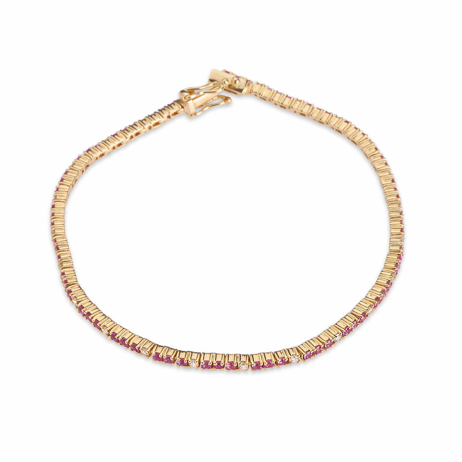 Bracelets 14K Gold Pink Sapphire and Diamond Tennis Bracelet 4-Prong Setting