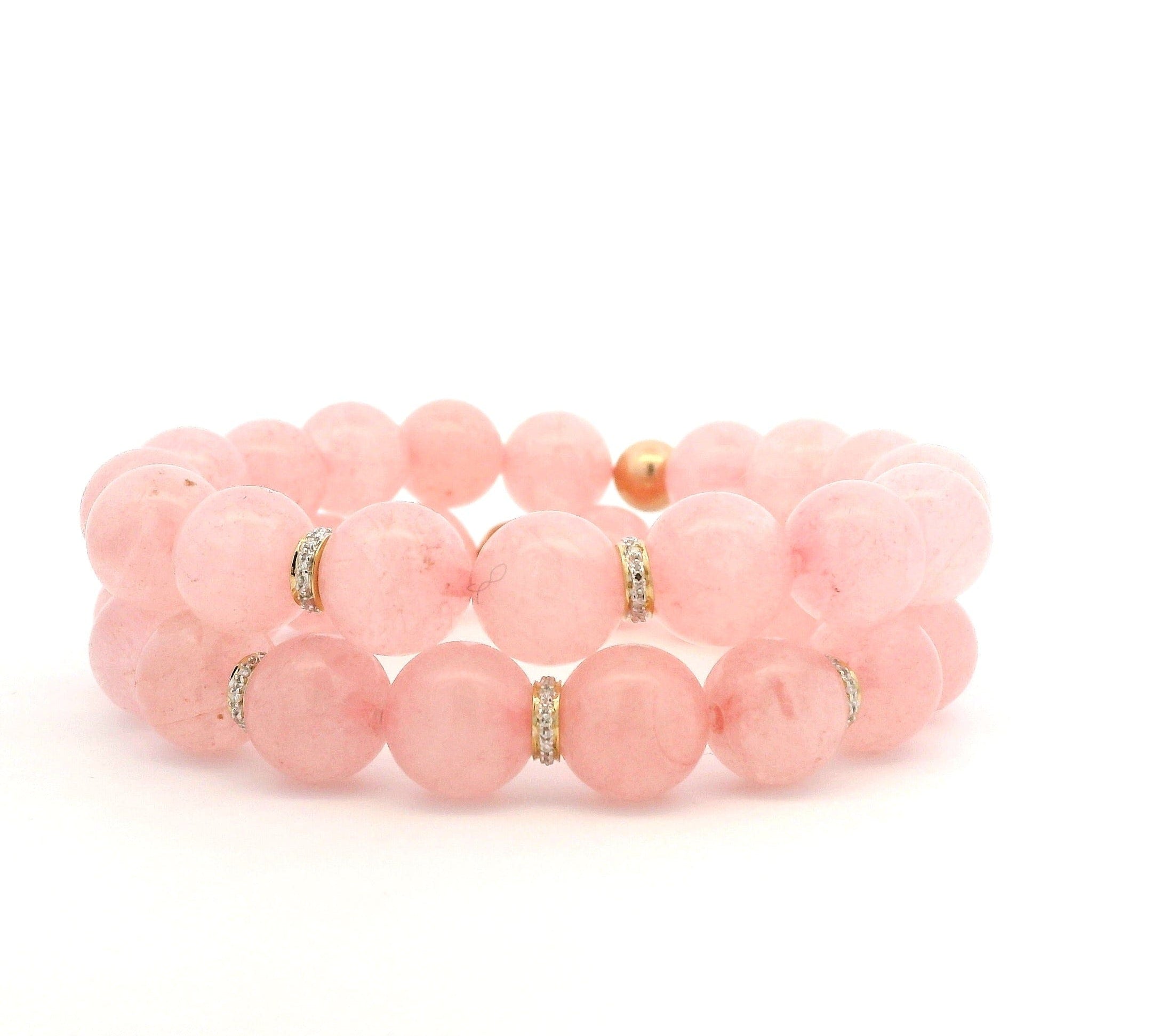 Bracelets 14K Gold Rose Quartz Beads And Clover Diamond And 2 Full Diamond Roundels