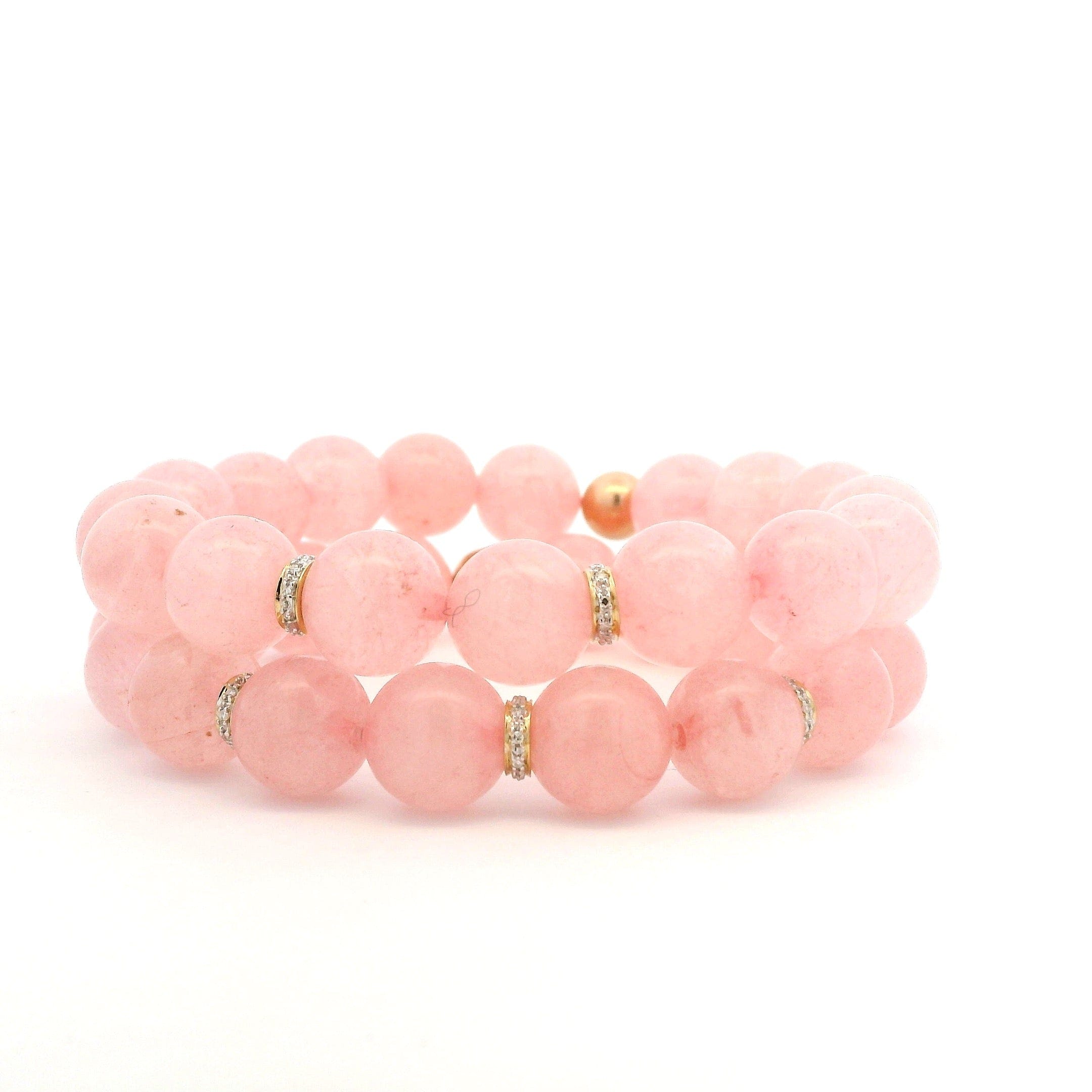 Bracelets 14K Gold Rose Quartz Beads And Clover Diamond And 2 Full Diamond Roundels