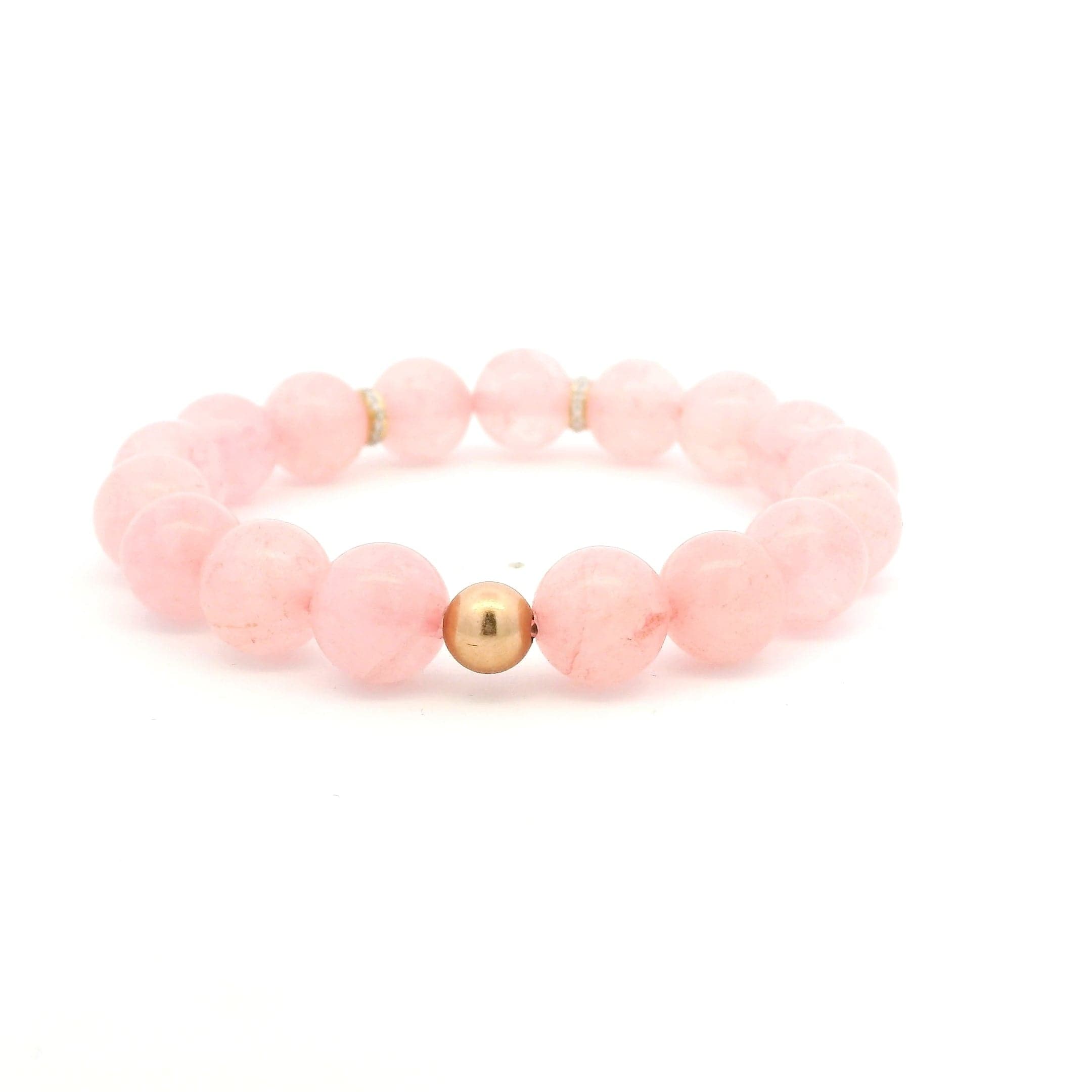 Bracelets 14K Gold Rose Quartz Beads And Clover Diamond And 3 Full Diamond Roundels