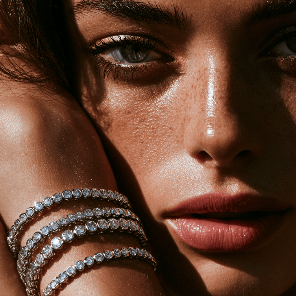 Bracelets 18K Gold Over Ceramic and Diamond Bezel Stretch Tennis Bracelet