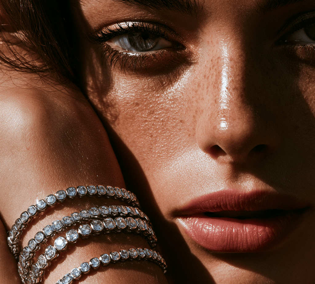 Bracelets 18K Gold Over Ceramic and Diamond Bezel Stretch Tennis Bracelet