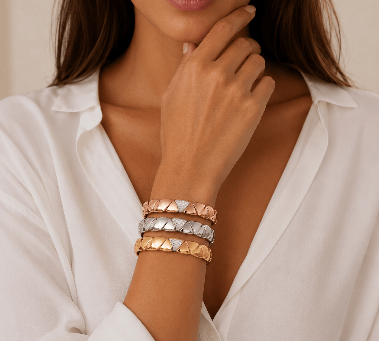 Bracelets 18K Gold Over Ceramic and Diamond Triangle Stretch Bracelet