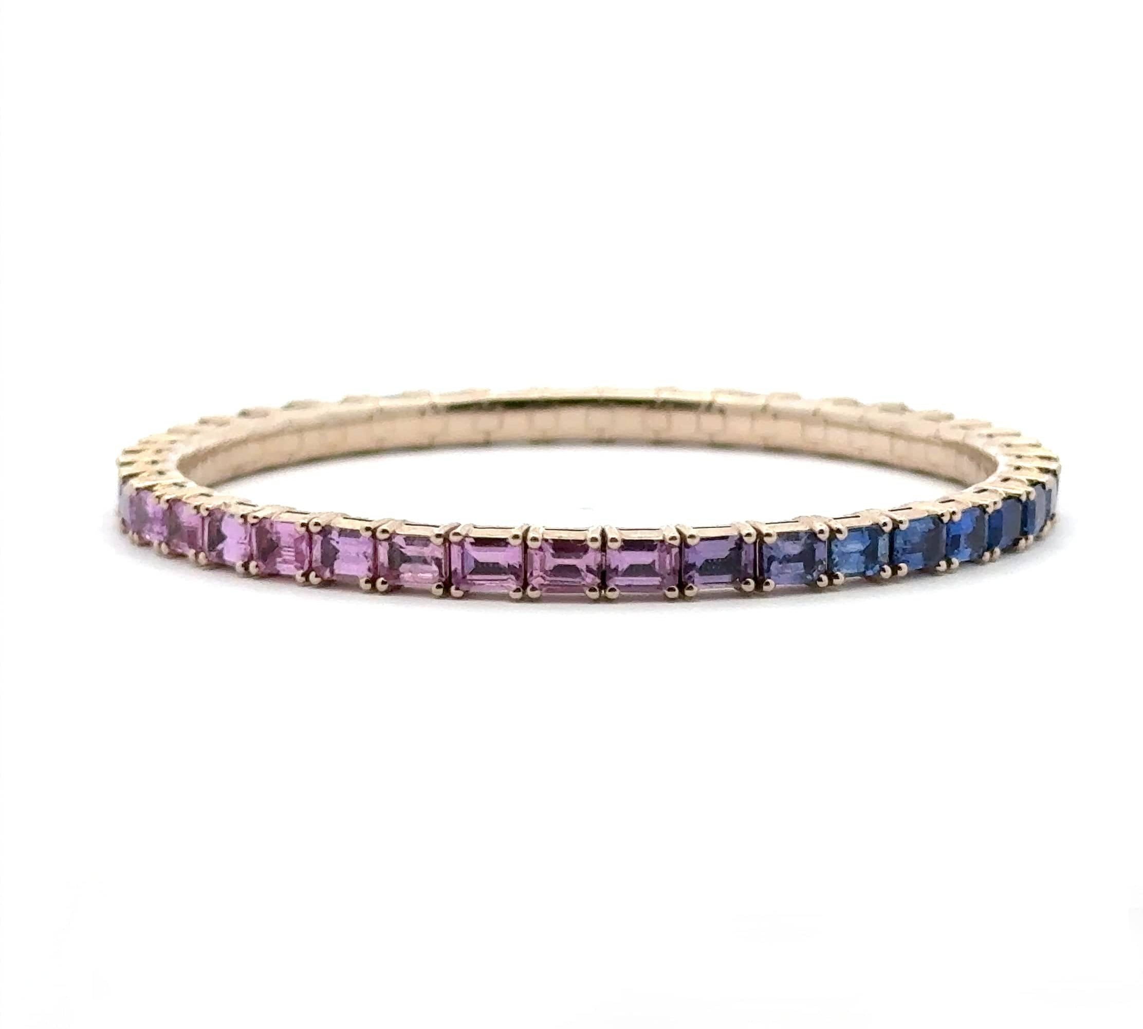 Bracelets 18K Gold Stretch Emerald Cut Ombre Blue and Pink East West Sapphire Tennis Bracelet