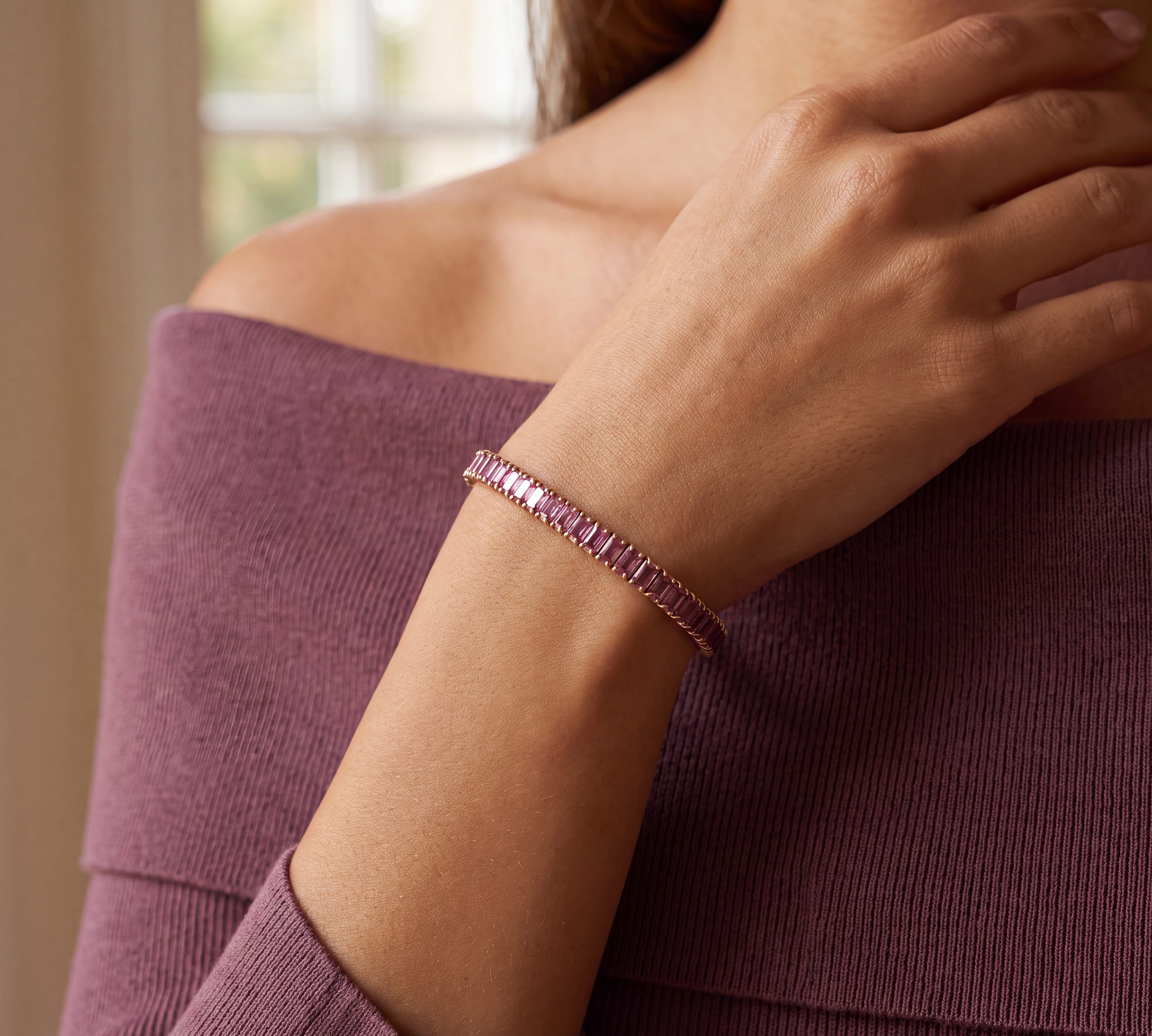 Bracelets 18K Gold Stretch Emerald Cut Pink Sapphire Tennis Bracelet, 8.55-18 Carats
