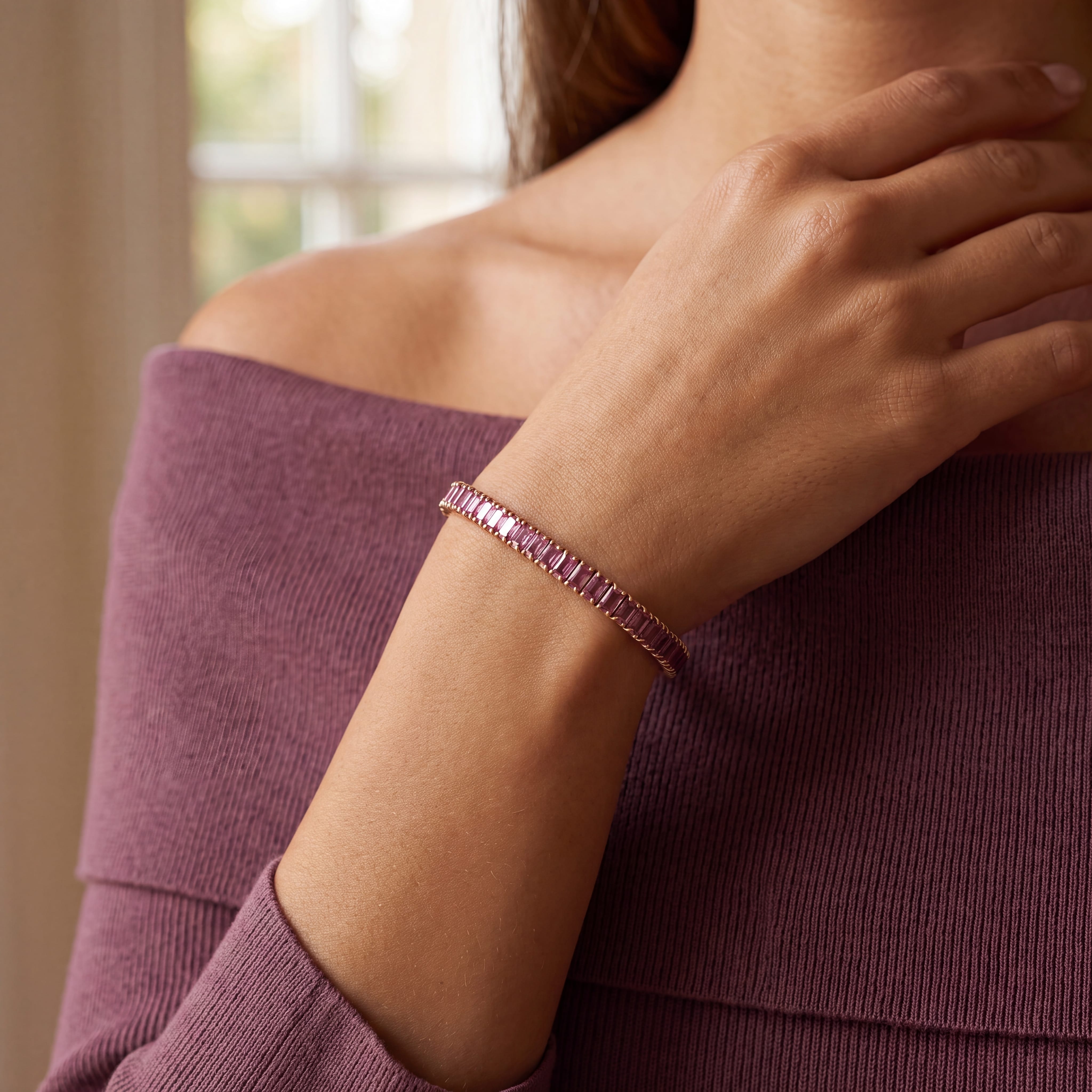Bracelets 18K Gold Stretch Emerald Cut Pink Sapphire Tennis Bracelet, 8.55-18 Carats