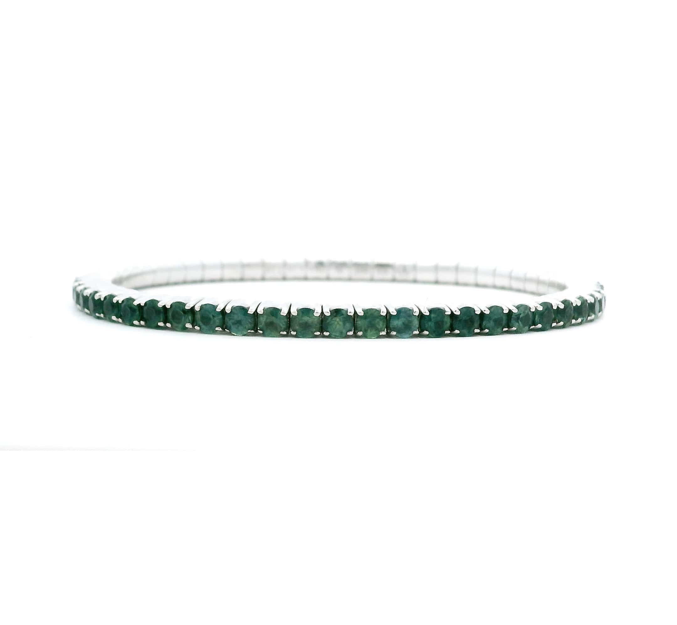 Bracelets 18K Gold Stretch Half Teal Sapphire And Half Round Diamond Tennis Bracelet, Oval Shape, Natural Mined Diamonds