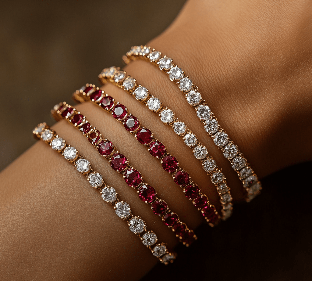 Bracelets 18K Gold Stretch Ruby Tennis Bracelet, 8.55-18 Carats