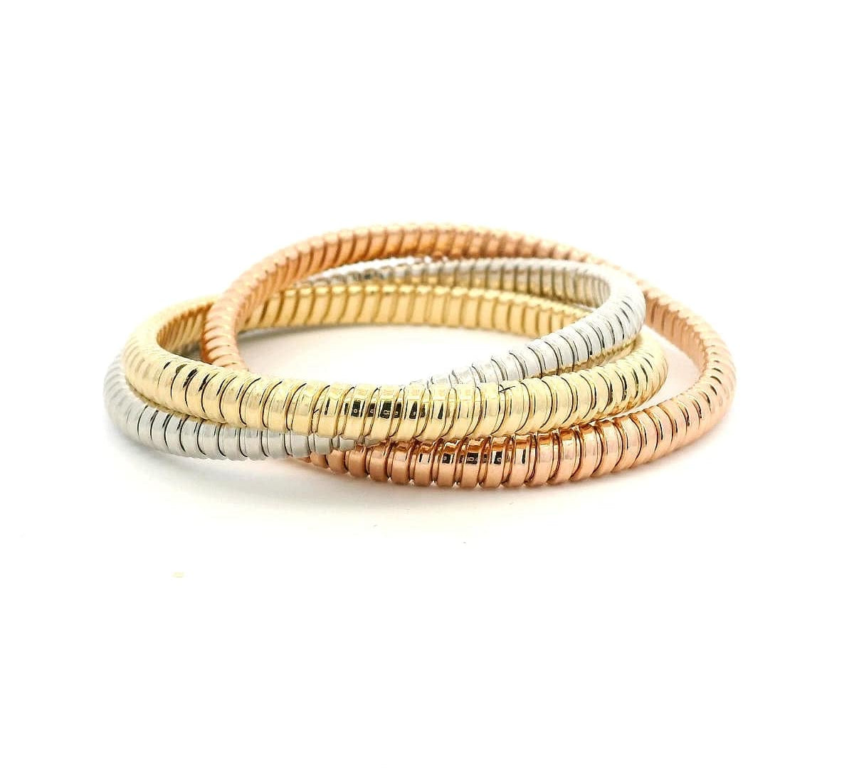 Bracelets 6.5" / Rose Gold / 14K 14K Tri-Color Gold Triple Rolling Ribbed Bracelet, 6mm
